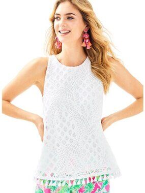 LILLY PULITZER LYNN TANK TOP WHITE PINEAPPLE GEO LACE FRINGE HEM